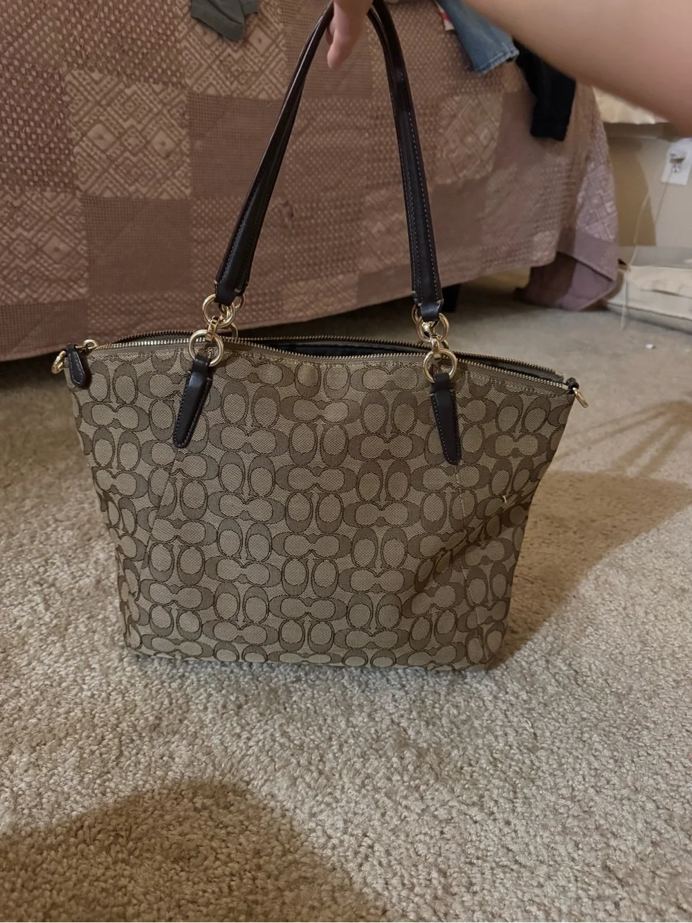 Coach Brown/Khaki Signature Canvas Tote with Dark Brown Leather Trim